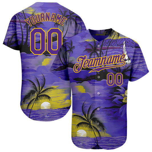 Custom Purple Yellow 3D Pattern Design Sun Beach Hawaii Palm Trees Authentic Baseball Jersey - Main View