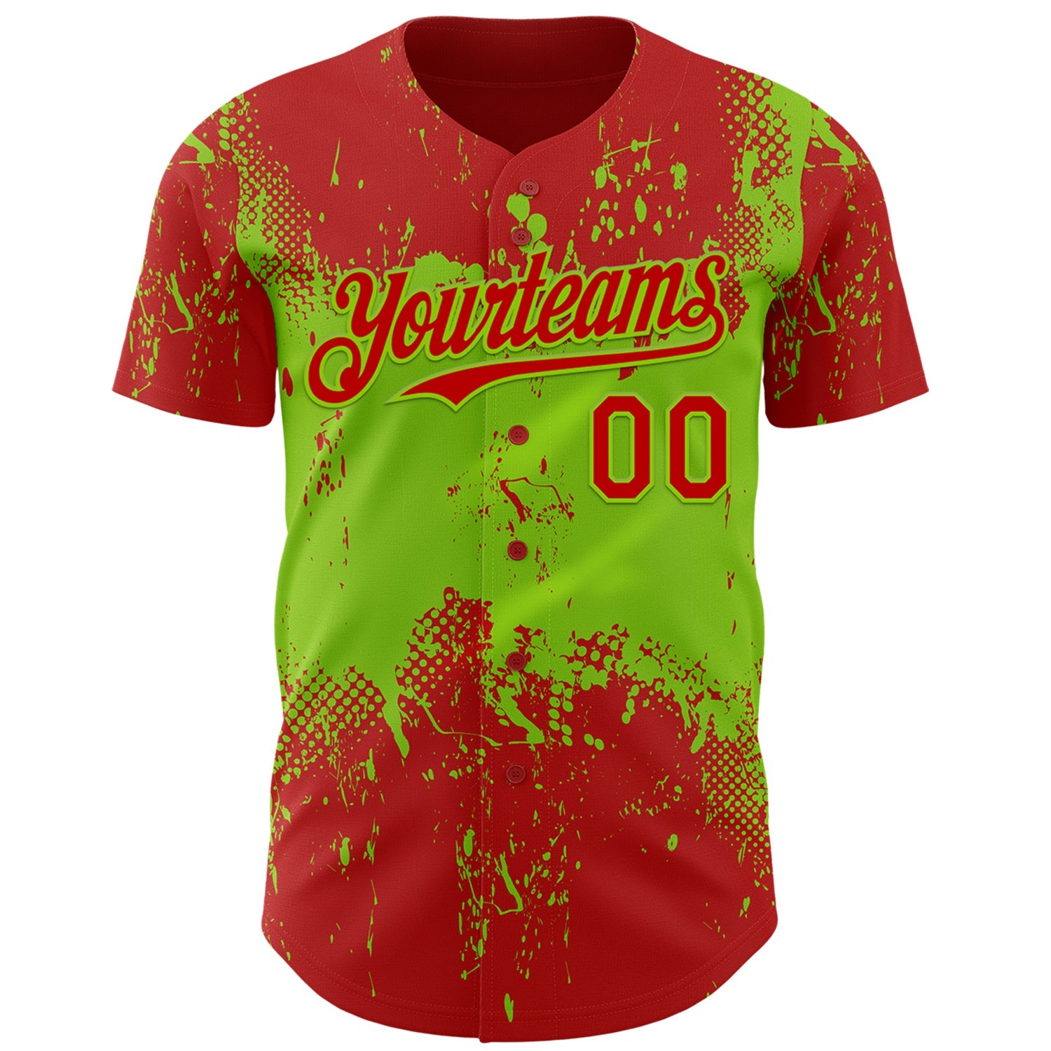 Custom Red Neon Green Abstract Splatter Grunge Paint Authentic Baseball Jersey view 2