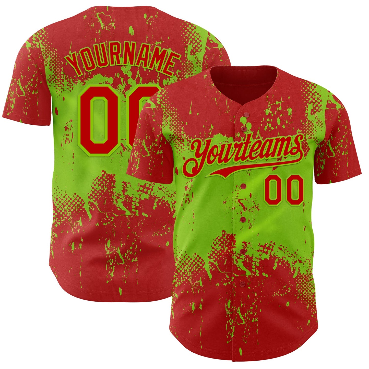 Custom Red Neon Green Abstract Splatter Grunge Paint Authentic Baseball Jersey - Main View