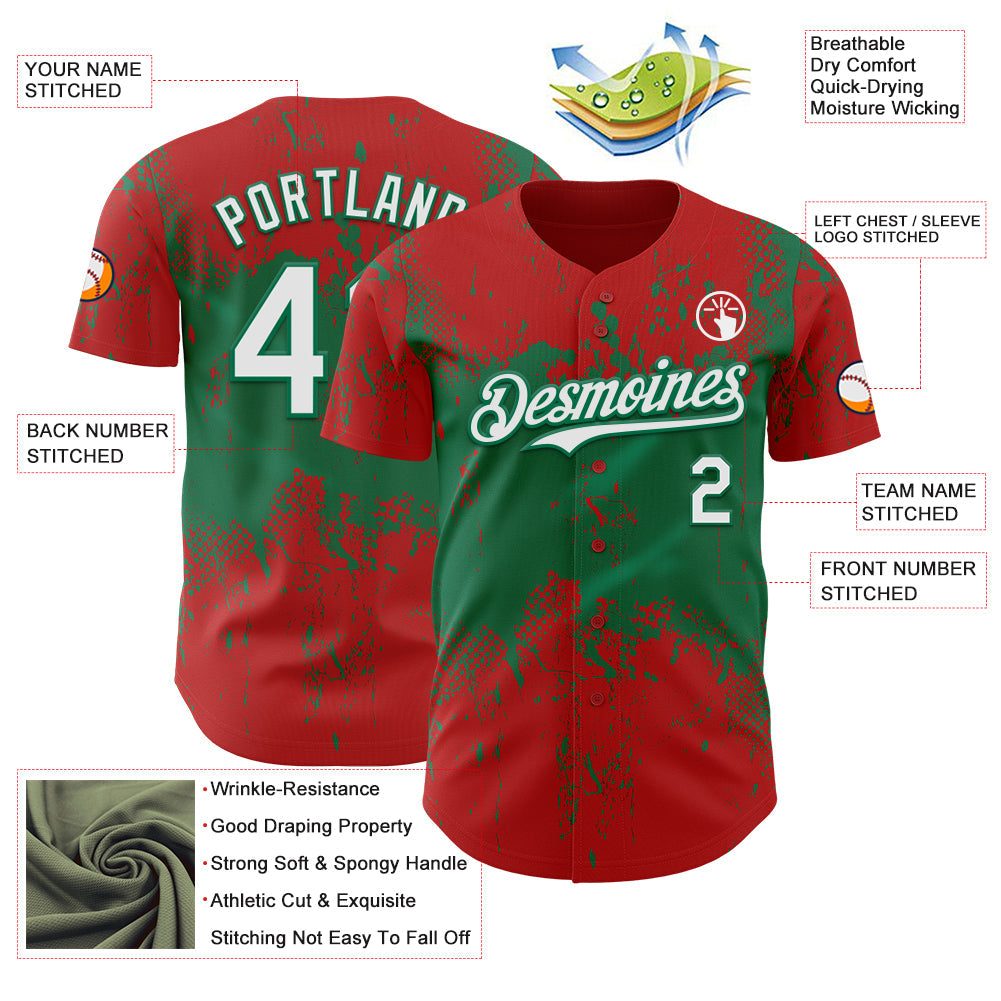 Custom Red White-Kelly Green Abstract Splatter Grunge Paint Authentic Baseball Jersey view 3