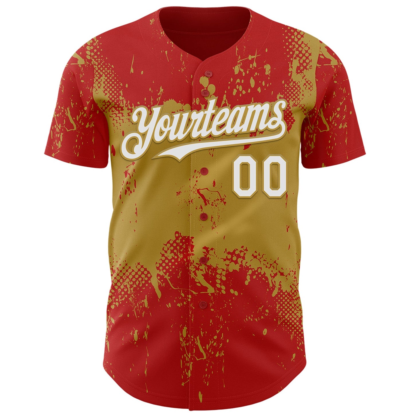 Custom Red White-Old Gold Abstract Splatter Grunge Paint Authentic Baseball Jersey view 2