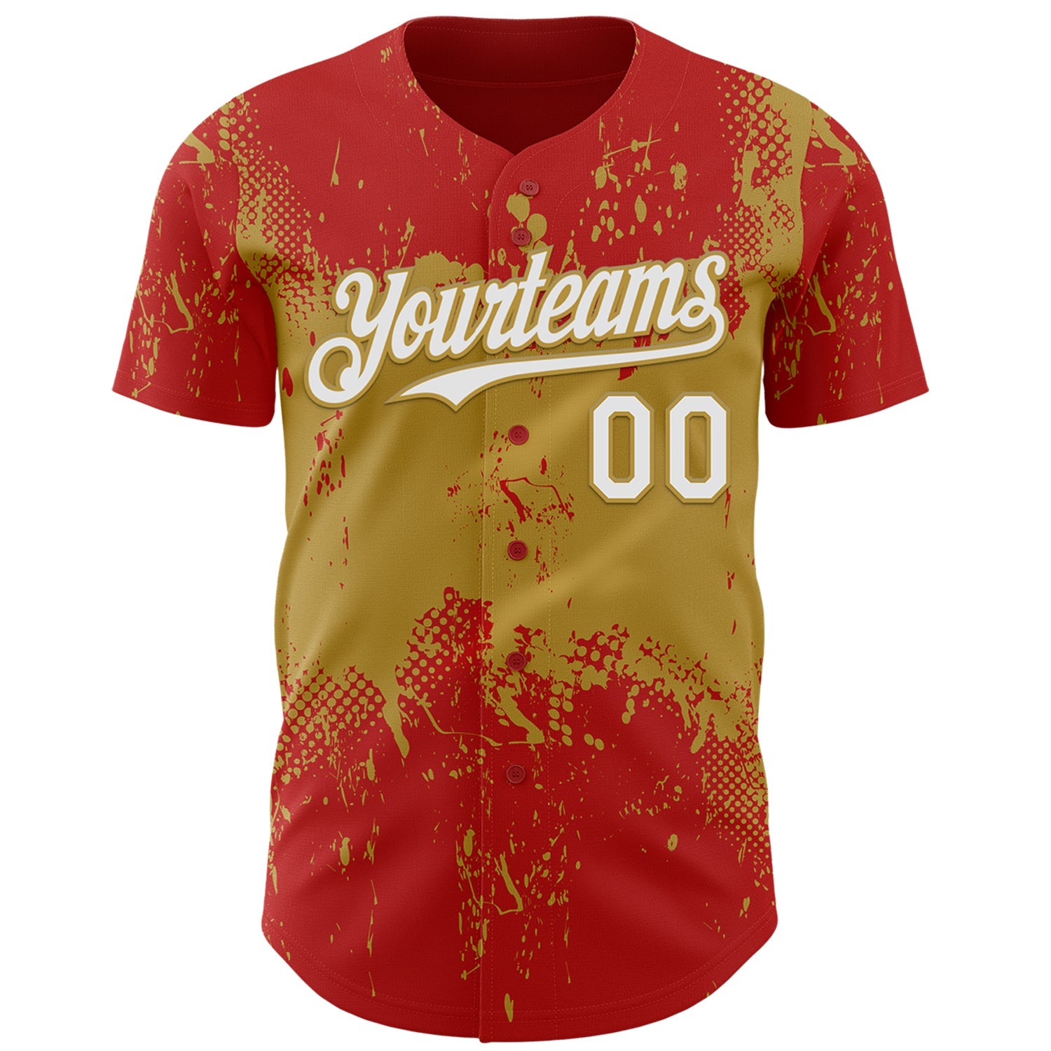 Custom Red White-Old Gold Abstract Splatter Grunge Paint Authentic Baseball Jersey view 2