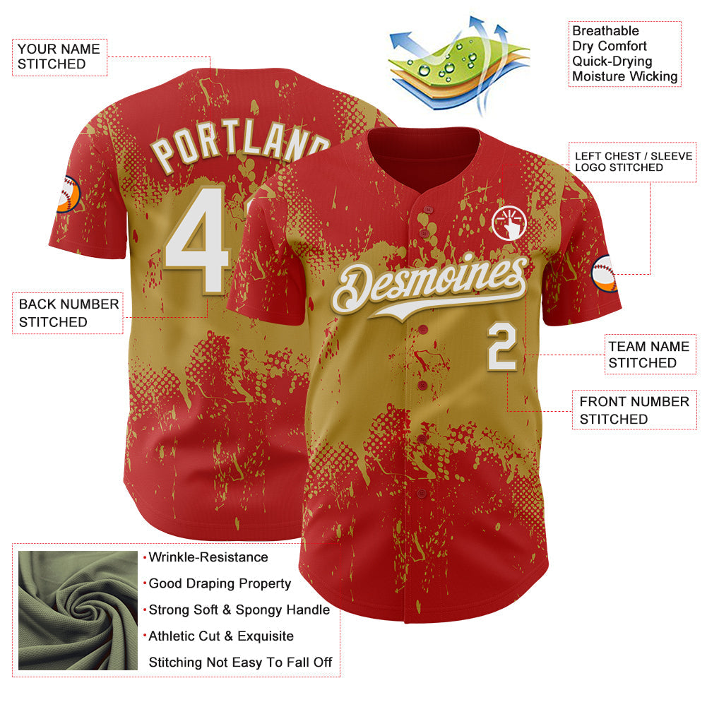 Custom Red White-Old Gold Abstract Splatter Grunge Paint Authentic Baseball Jersey view 3