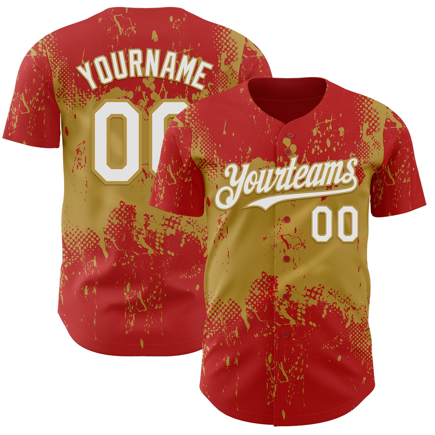 Custom Red White-Old Gold Abstract Splatter Grunge Paint Authentic Baseball Jersey - Main View