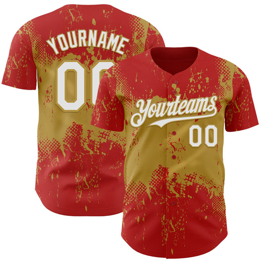 Custom Red White-Old Gold Abstract Splatter Grunge Paint Authentic Baseball Jersey - Main View