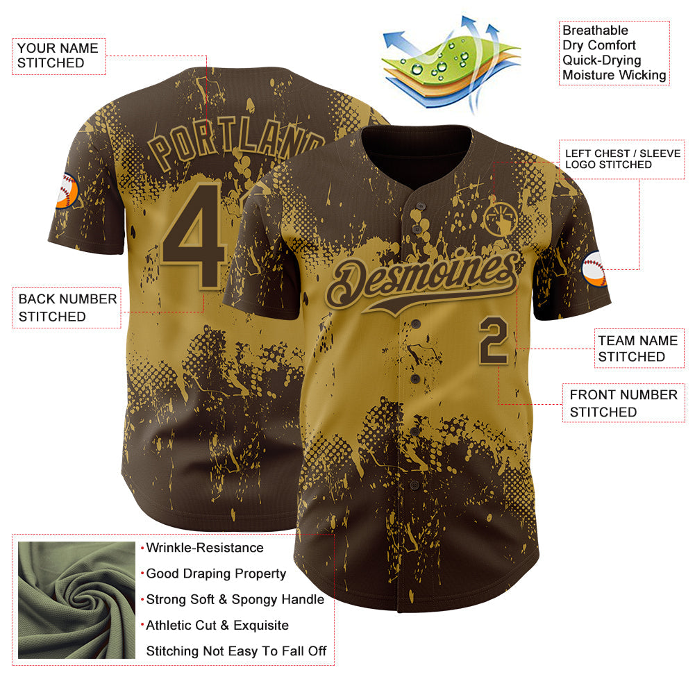 Custom Brown Old Gold Abstract Splatter Grunge Paint Authentic Baseball Jersey view 3