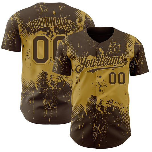 Custom Brown Old Gold Abstract Splatter Grunge Paint Authentic Baseball Jersey - Main View