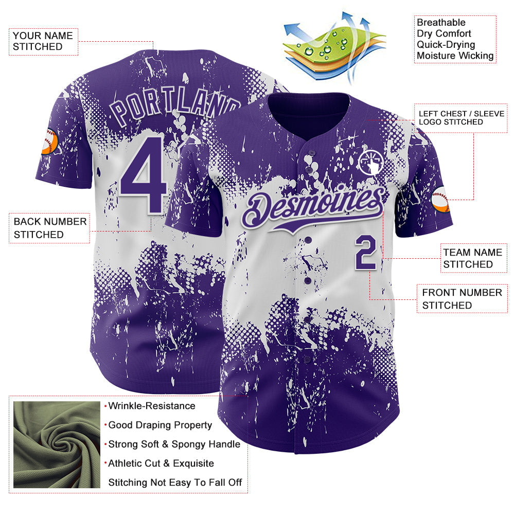 Custom Purple White Abstract Splatter Grunge Paint Authentic Baseball Jersey view 3