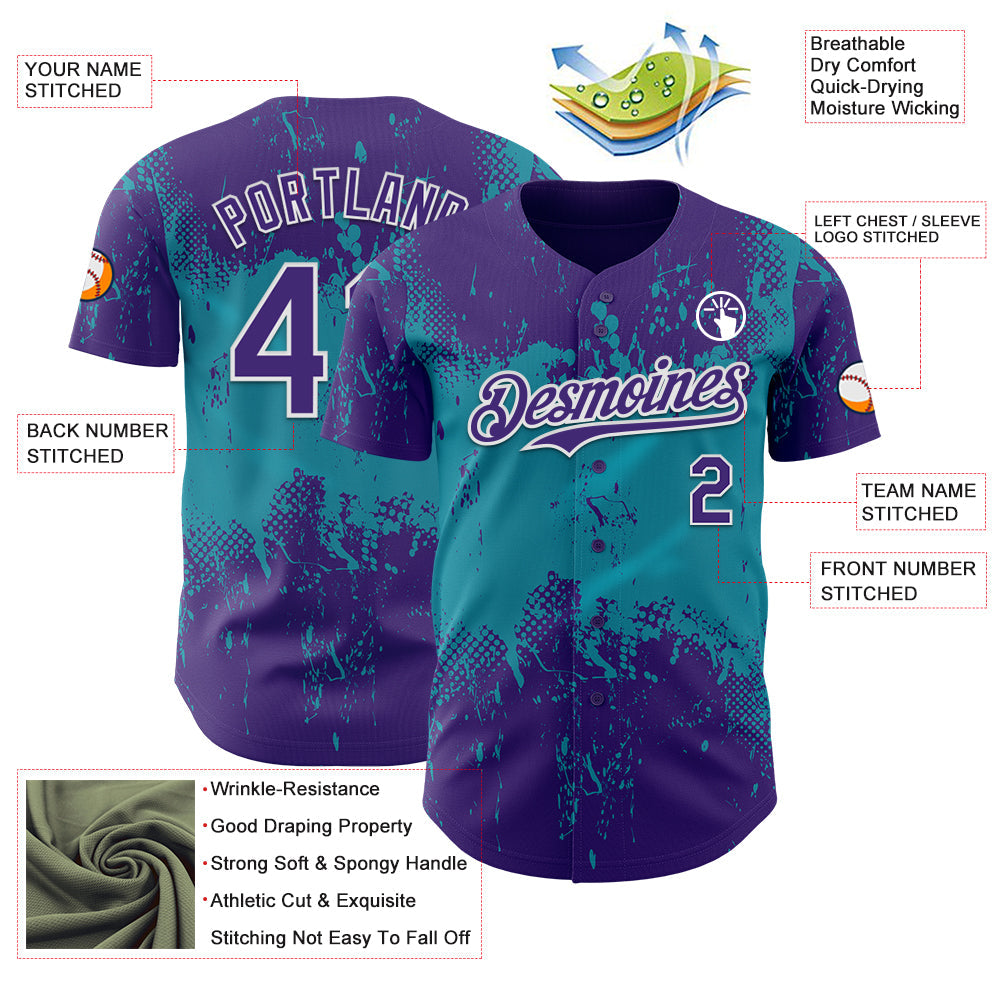 Custom Purple Teal-White Abstract Splatter Grunge Paint Authentic Baseball Jersey view 3