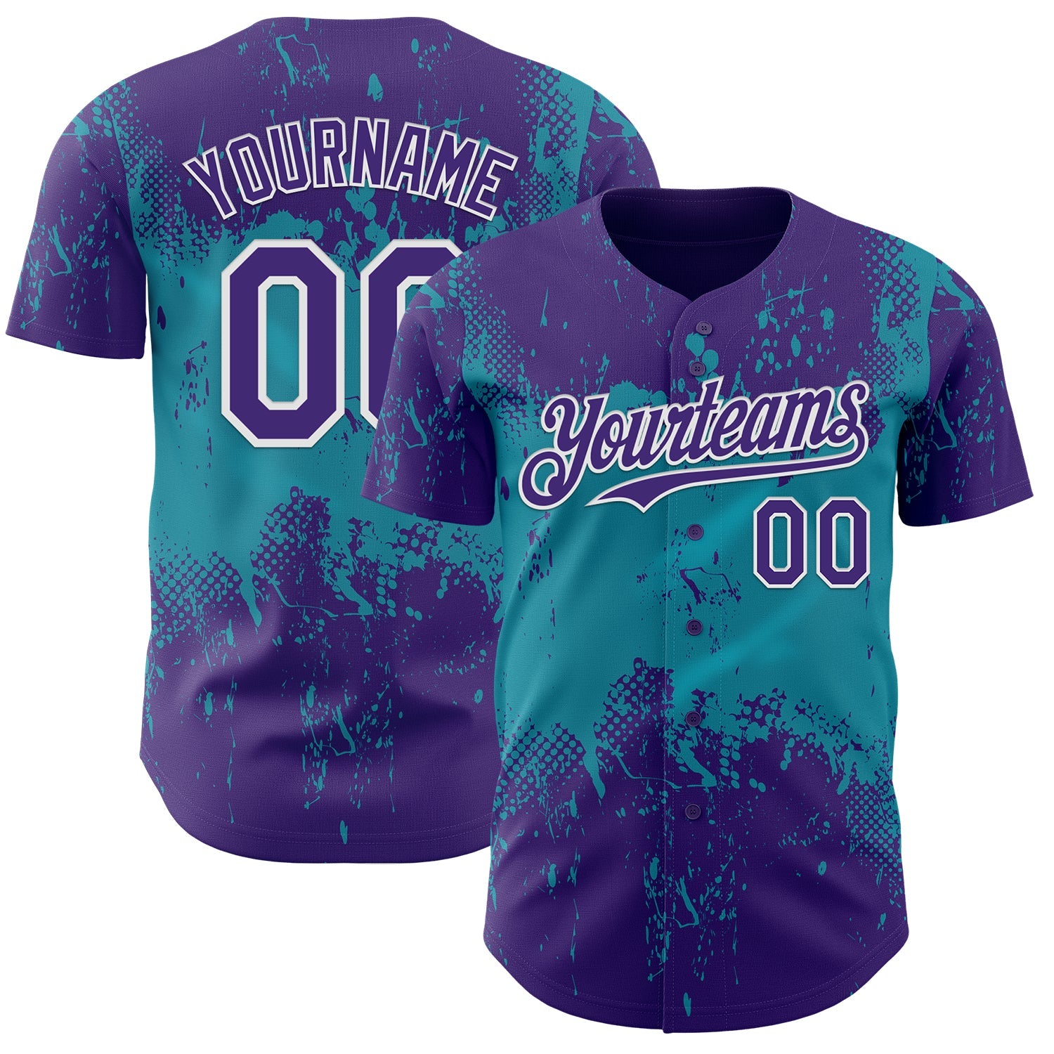 Custom Purple Teal-White Abstract Splatter Grunge Paint Authentic Baseball Jersey - Main View