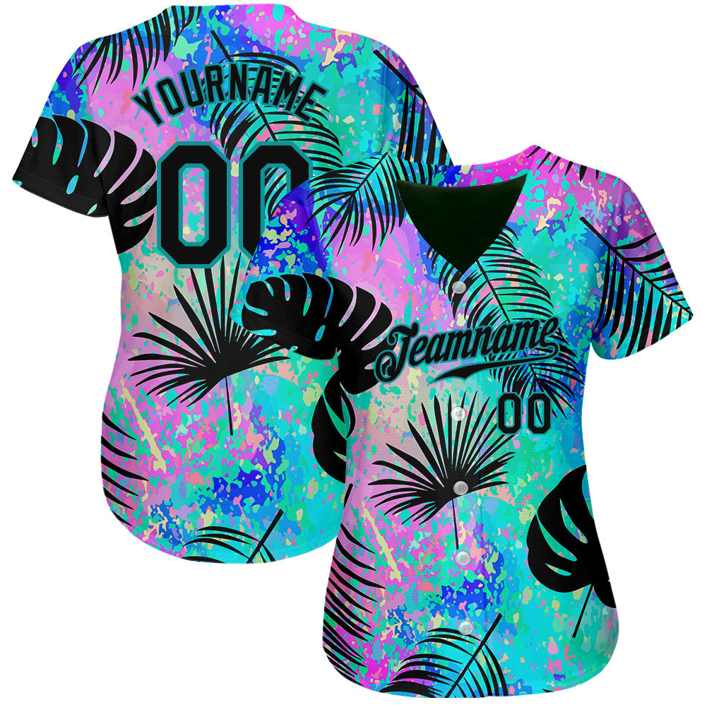 Custom Teal Black 3D Pattern Design Hawaii Palm Leaves Authentic Baseball Jersey view 3