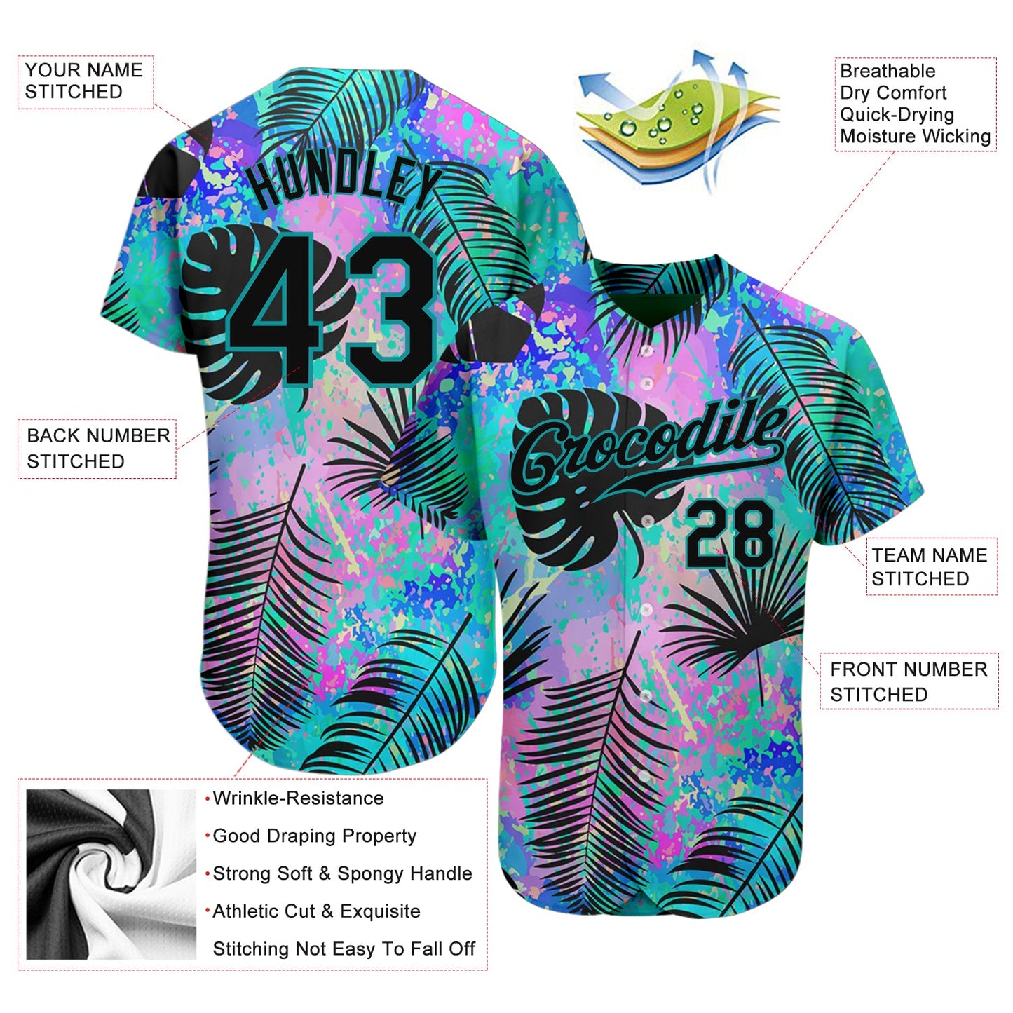 Custom Teal Black 3D Pattern Design Hawaii Palm Leaves Authentic Baseball Jersey view 4
