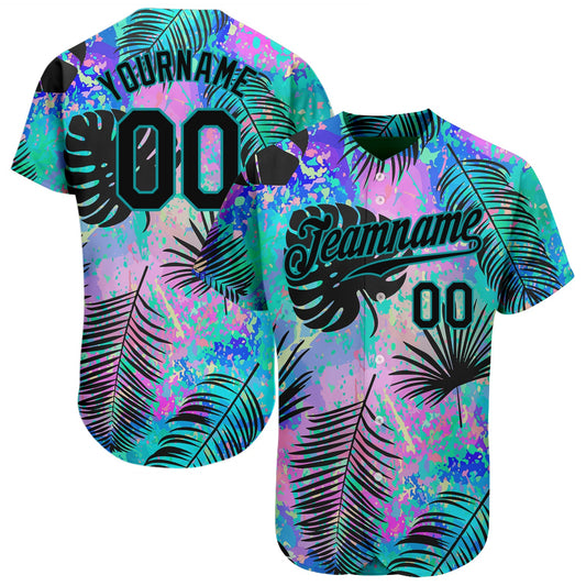 Custom Teal Black 3D Pattern Design Hawaii Palm Leaves Authentic Baseball Jersey - Main View