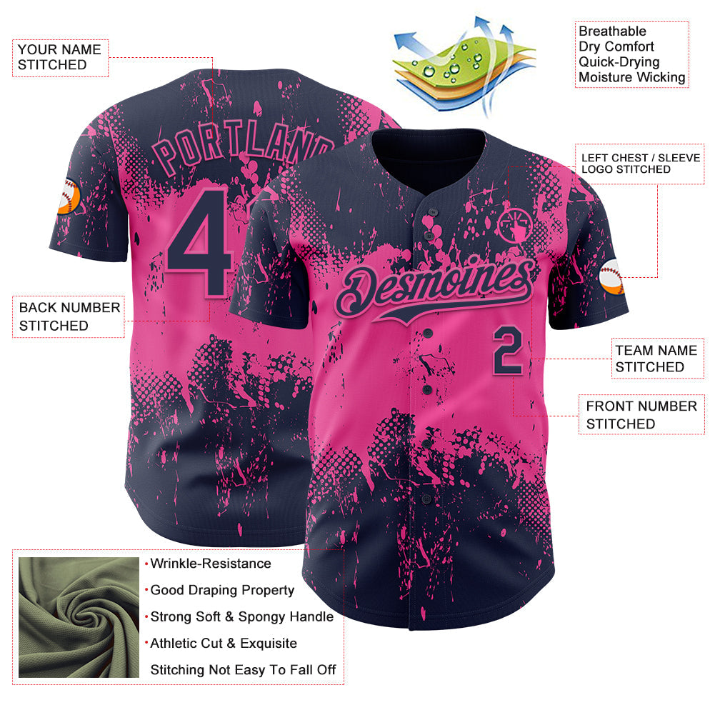 Custom Navy Pink Abstract Splatter Grunge Paint Authentic Baseball Jersey view 3