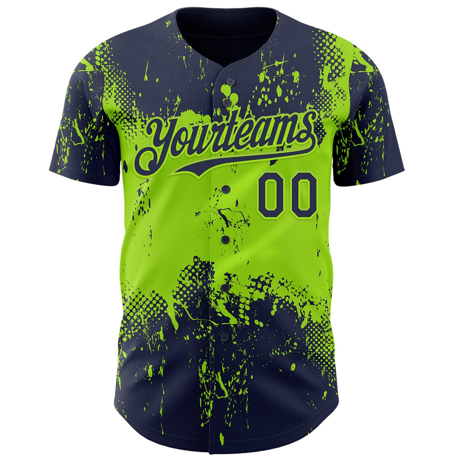 Custom Navy Neon Green Abstract Splatter Grunge Paint Authentic Baseball Jersey view 2