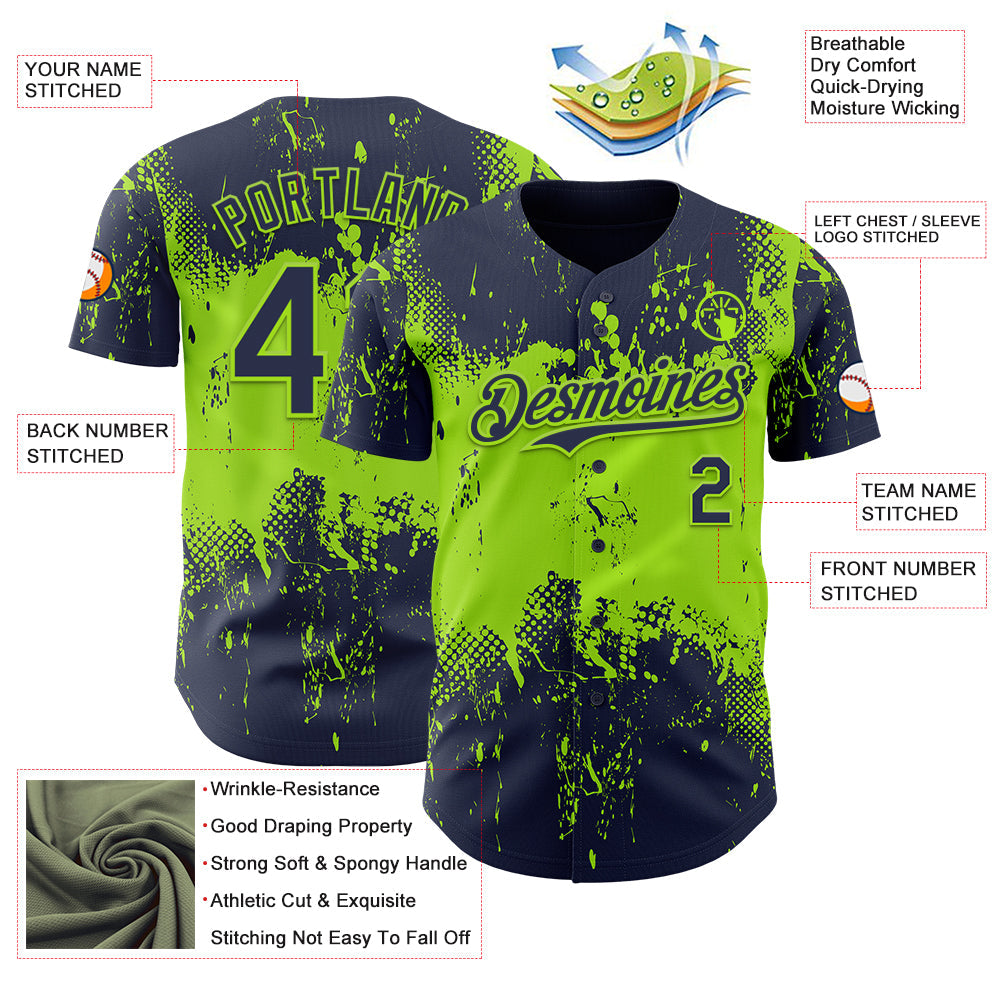 Custom Navy Neon Green Abstract Splatter Grunge Paint Authentic Baseball Jersey view 3