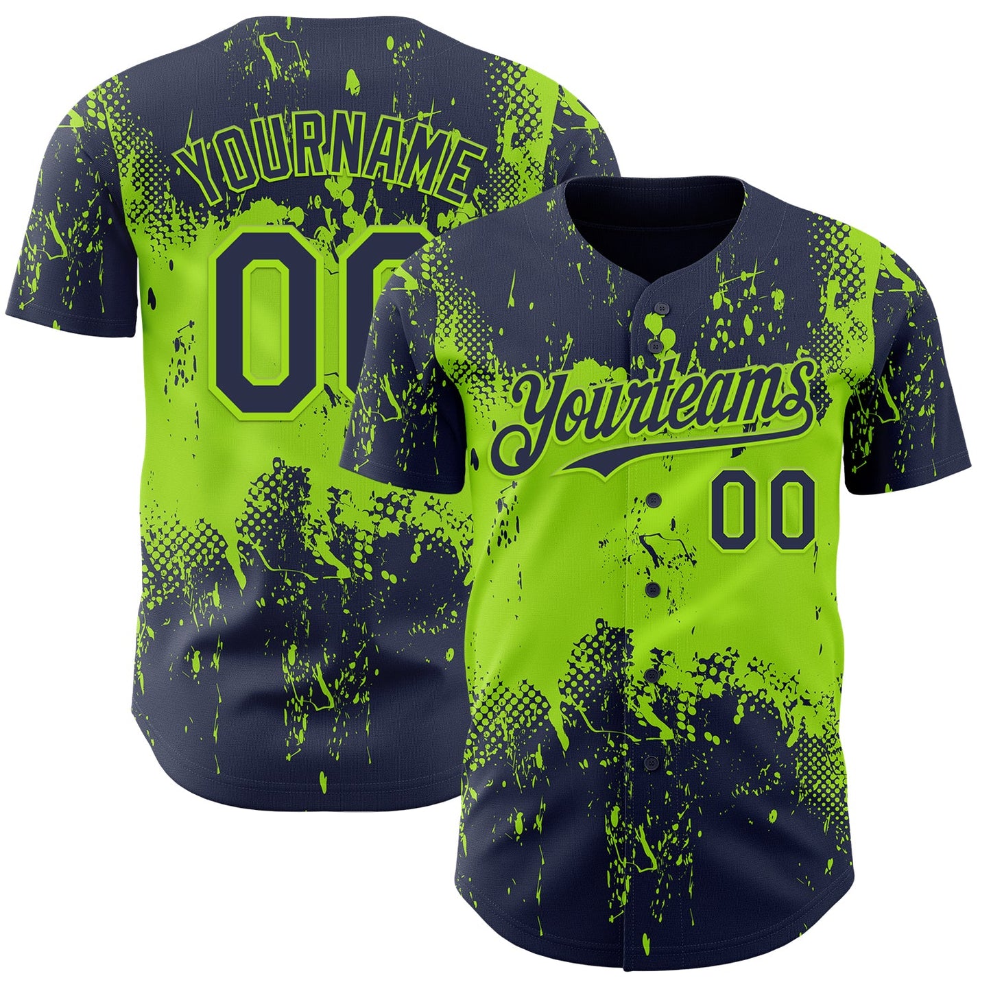 Custom Navy Neon Green Abstract Splatter Grunge Paint Authentic Baseball Jersey - Main View