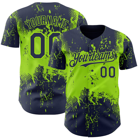 Custom Navy Neon Green Abstract Splatter Grunge Paint Authentic Baseball Jersey - Main View