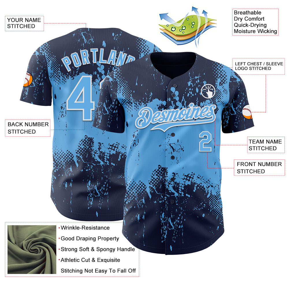 Custom Navy Sky Blue-White Abstract Splatter Grunge Paint Authentic Baseball Jersey view 3