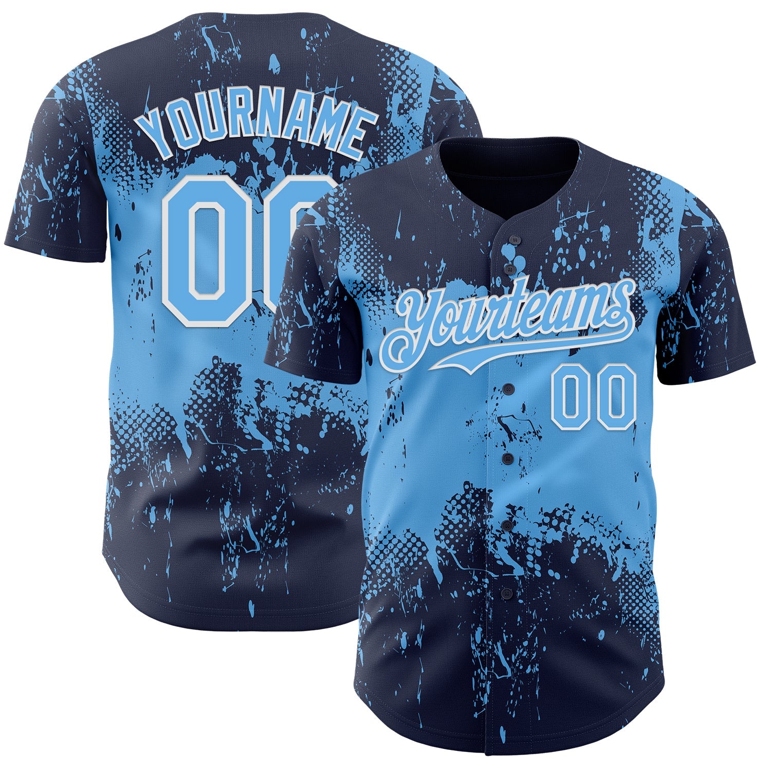 Custom Navy Sky Blue-White Abstract Splatter Grunge Paint Authentic Baseball Jersey - Main View
