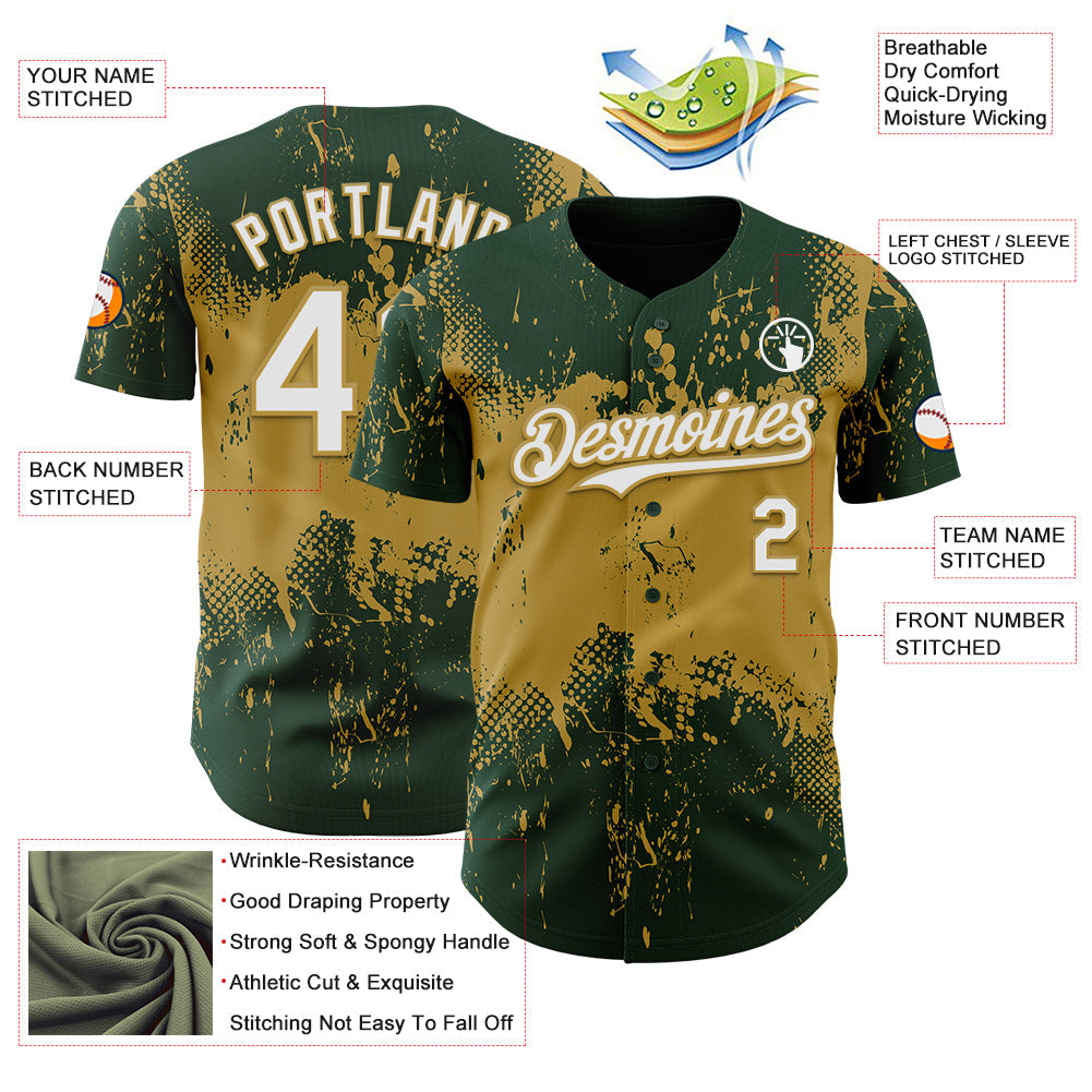 Custom Green White-Old Gold Abstract Splatter Grunge Paint Authentic Baseball Jersey view 3