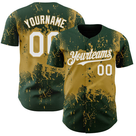 Custom Green White-Old Gold Abstract Splatter Grunge Paint Authentic Baseball Jersey - Main View