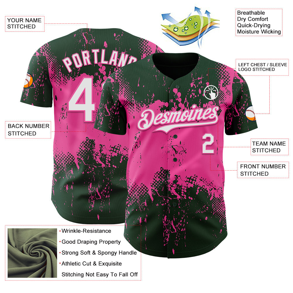 Custom Green White-Pink Abstract Splatter Grunge Paint Authentic Baseball Jersey view 3