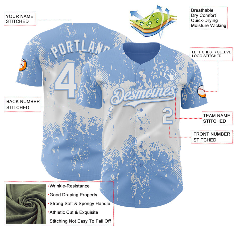Custom Light Blue White Abstract Splatter Grunge Paint Authentic Baseball Jersey view 3