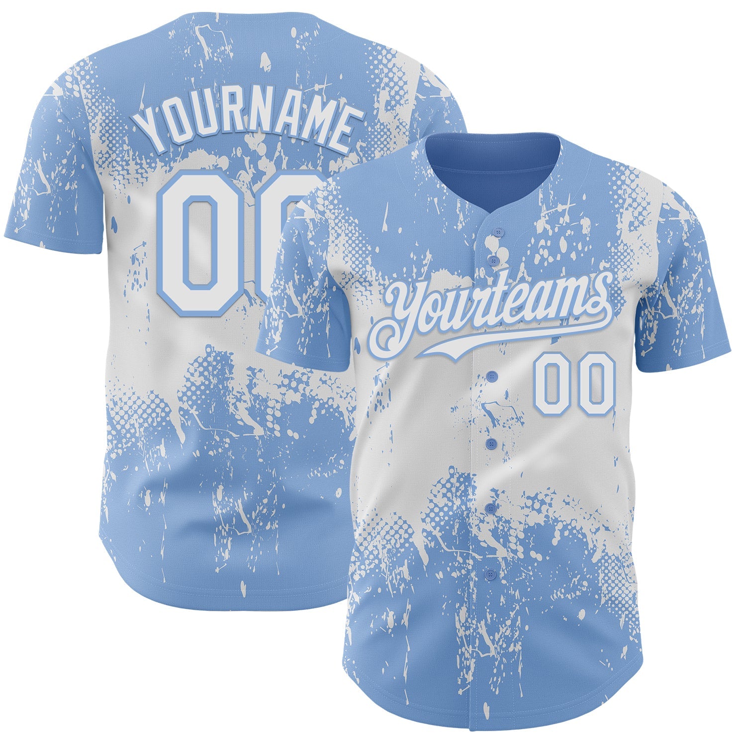 Custom Light Blue White Abstract Splatter Grunge Paint Authentic Baseball Jersey - Main View