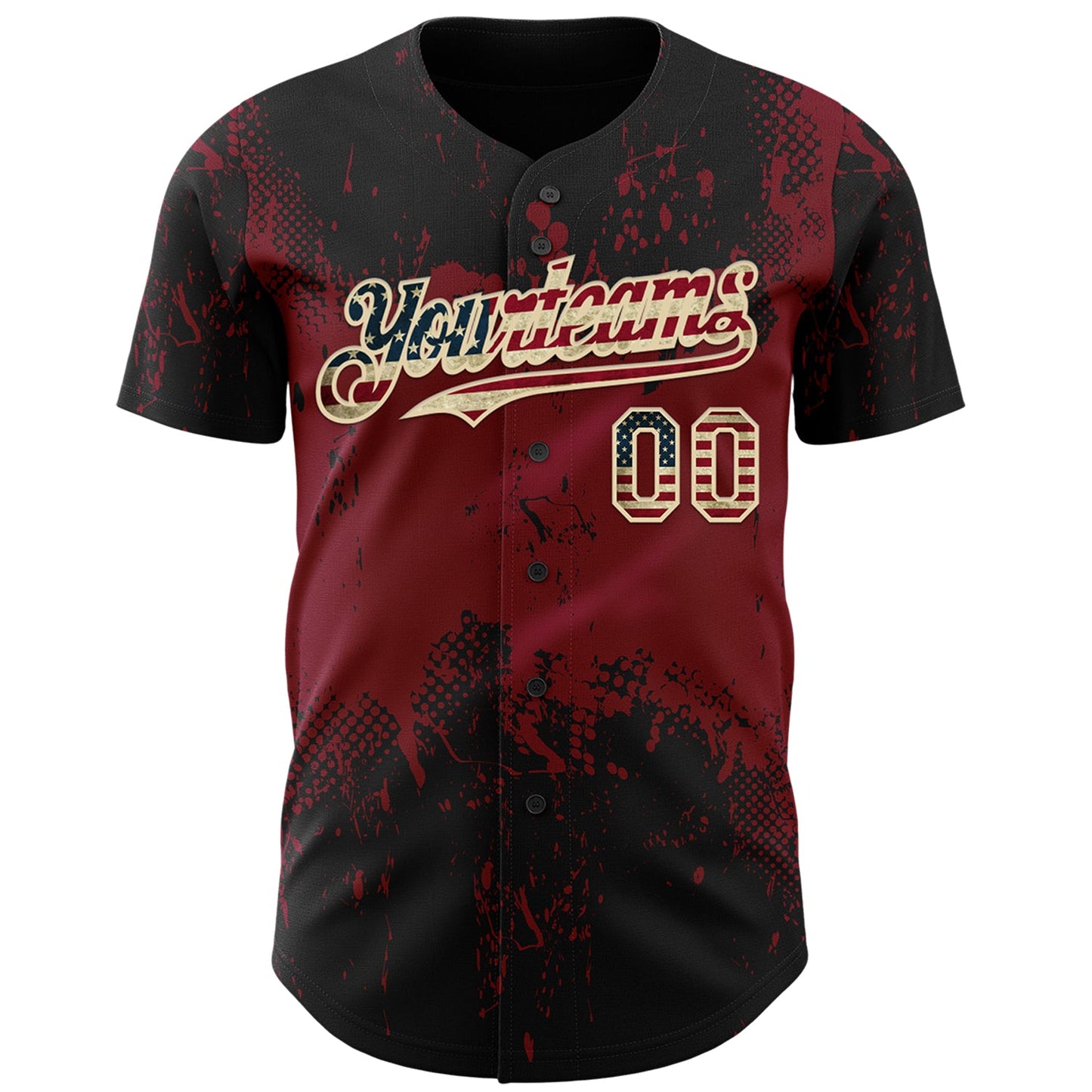 Custom Black Vintage USA Flag Crimson-Cream Abstract Splatter Grunge Paint Authentic Baseball Jersey view 2