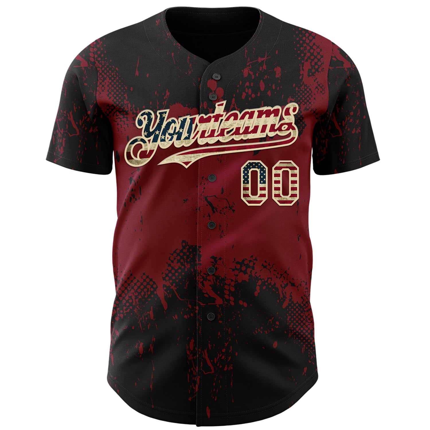 Custom Black Vintage USA Flag Crimson-Cream Abstract Splatter Grunge Paint Authentic Baseball Jersey view 2