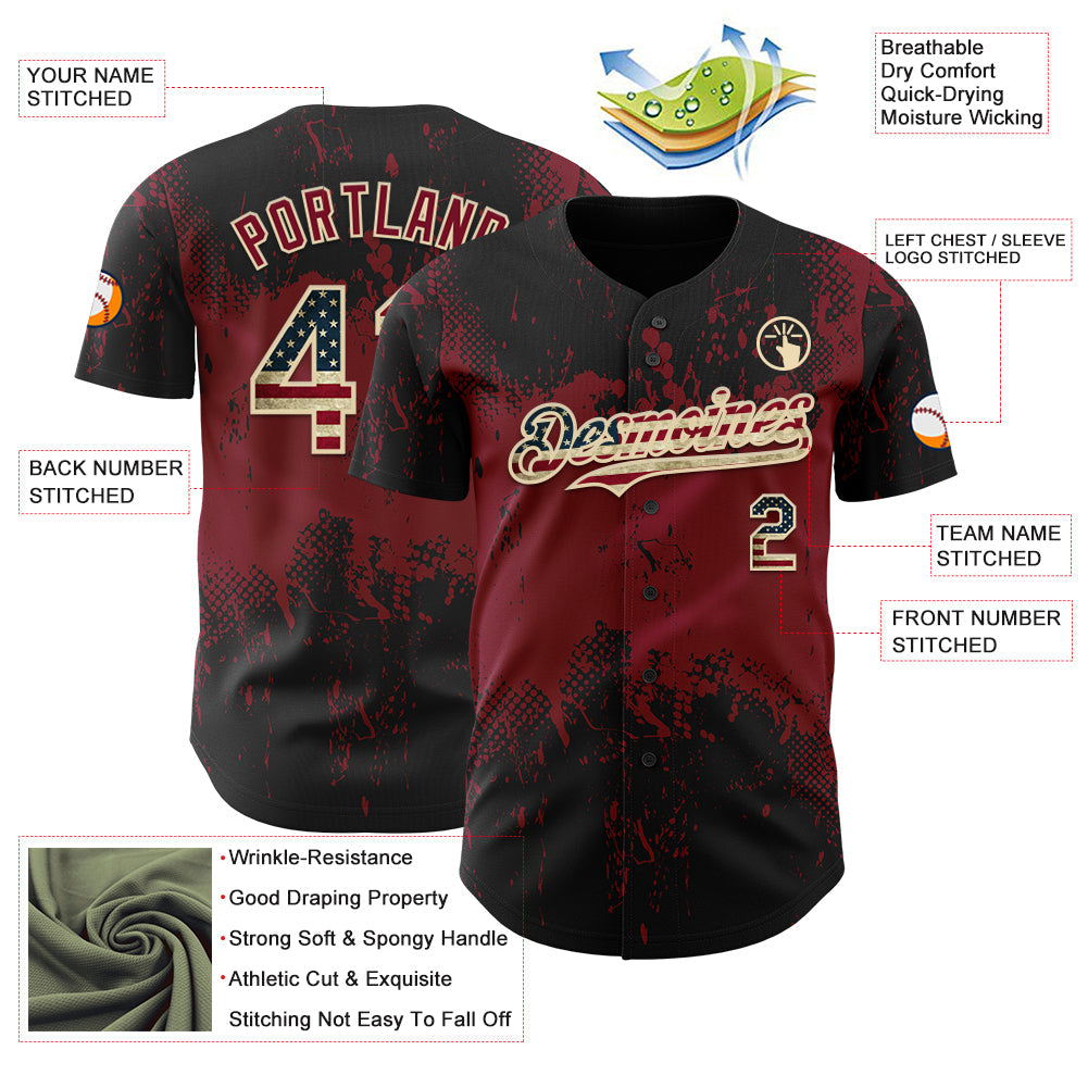 Custom Black Vintage USA Flag Crimson-Cream Abstract Splatter Grunge Paint Authentic Baseball Jersey view 3