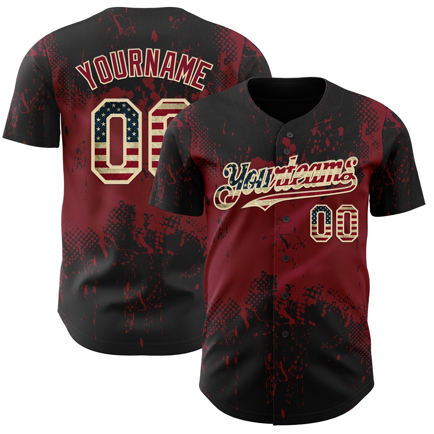 Custom Black Vintage USA Flag Crimson-Cream Abstract Splatter Grunge Paint Authentic Baseball Jersey - Main View