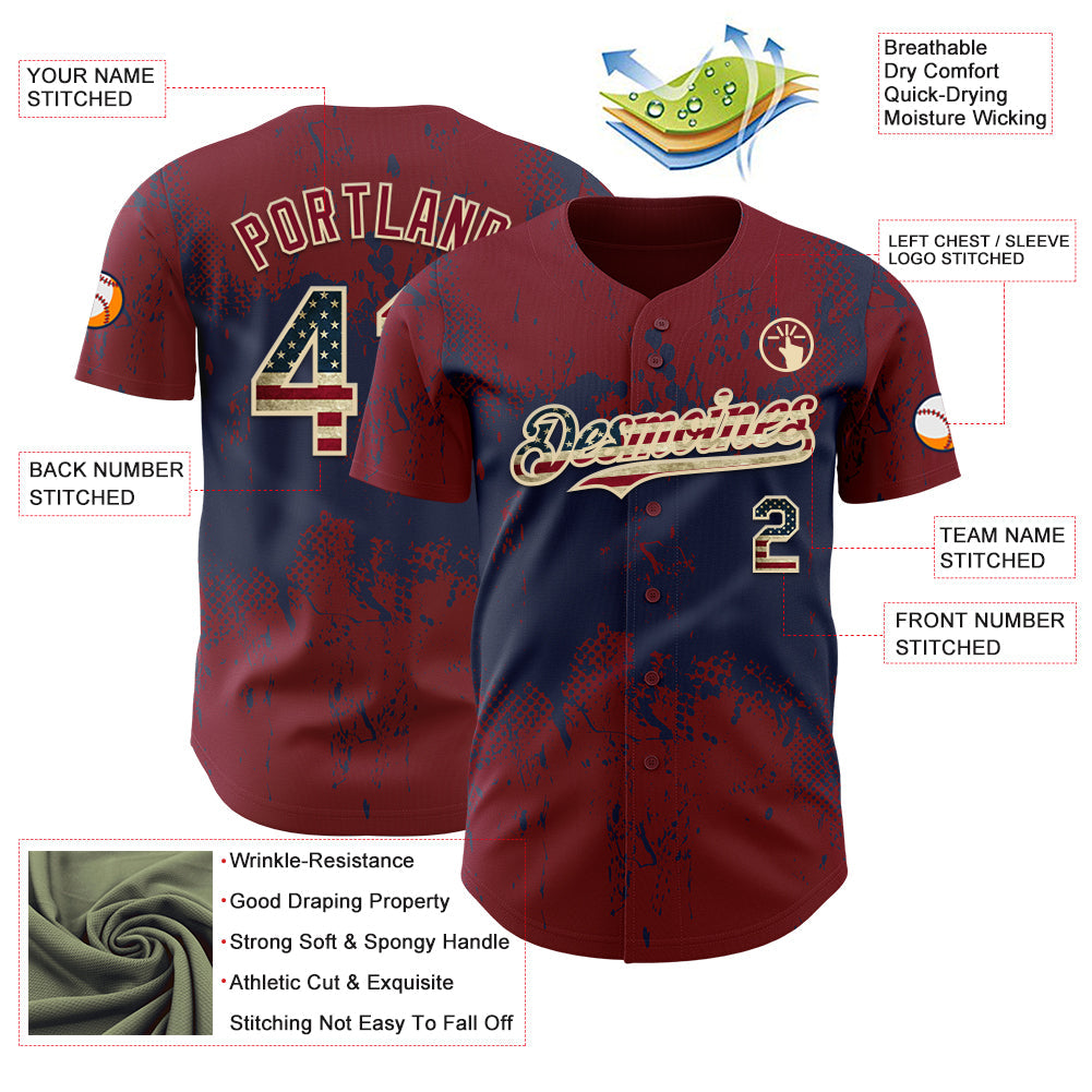 Custom Crimson Vintage USA Flag Navy-Cream Abstract Splatter Grunge Paint Authentic Baseball Jersey view 3