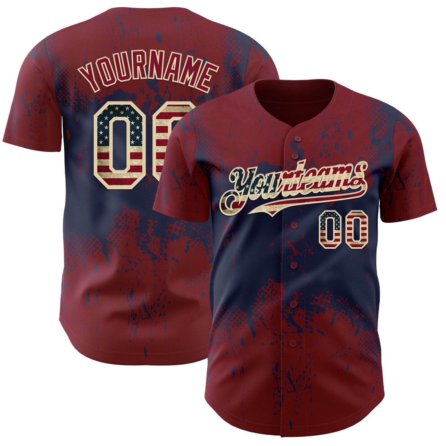 Custom Crimson Vintage USA Flag Navy-Cream Abstract Splatter Grunge Paint Authentic Baseball Jersey - Main View