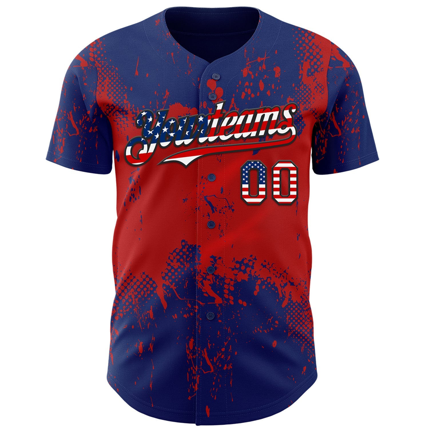 Custom Royal USA Flag Red-Black Abstract Splatter Grunge Paint Authentic Baseball Jersey view 2
