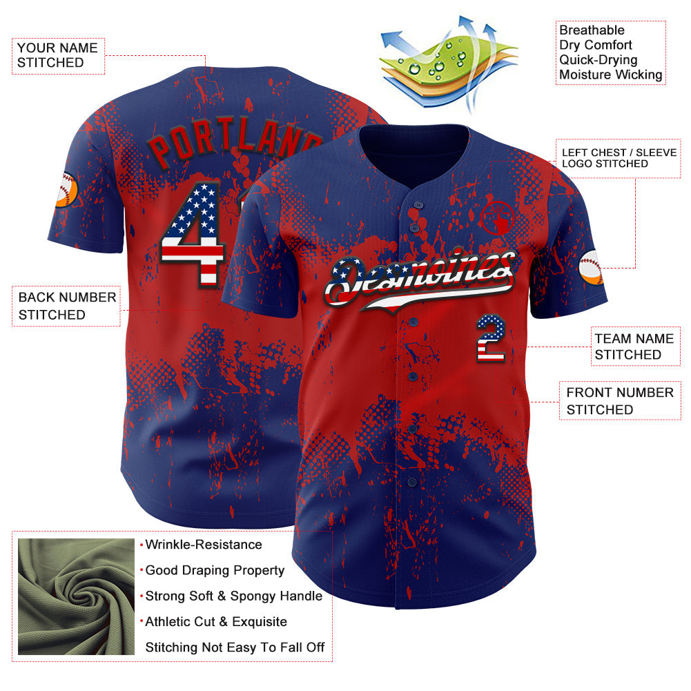 Custom Royal USA Flag Red-Black Abstract Splatter Grunge Paint Authentic Baseball Jersey view 3