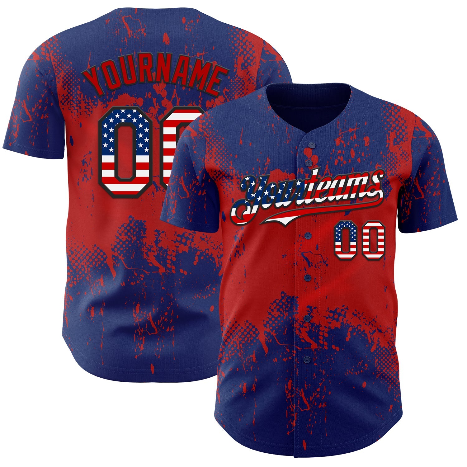 Custom Royal USA Flag Red-Black Abstract Splatter Grunge Paint Authentic Baseball Jersey - Main View