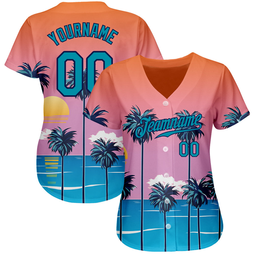 Custom Orange Teal-Navy 3D Pattern Design Sun Beach Hawaii Palm Trees Authentic Baseball Jersey view 3