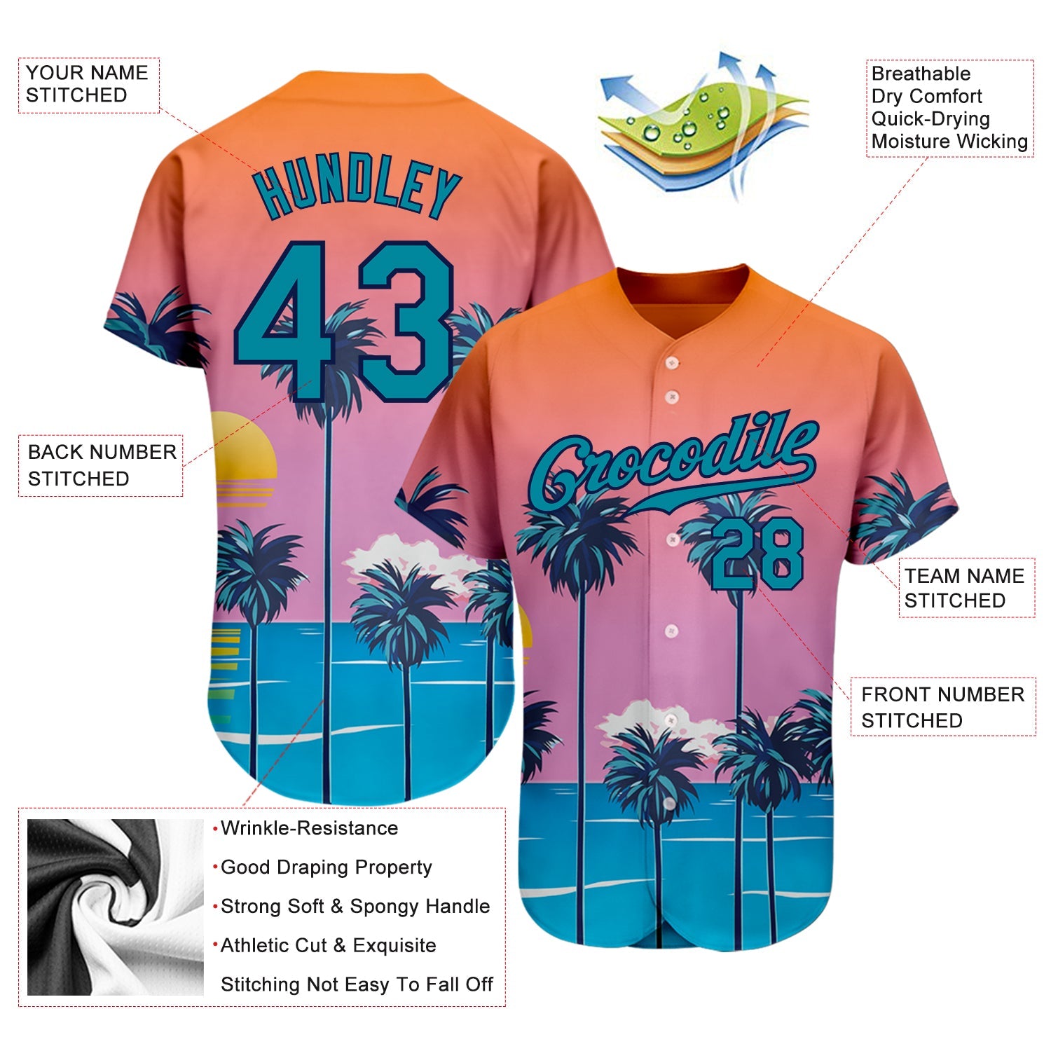 Custom Orange Teal-Navy 3D Pattern Design Sun Beach Hawaii Palm Trees Authentic Baseball Jersey view 4