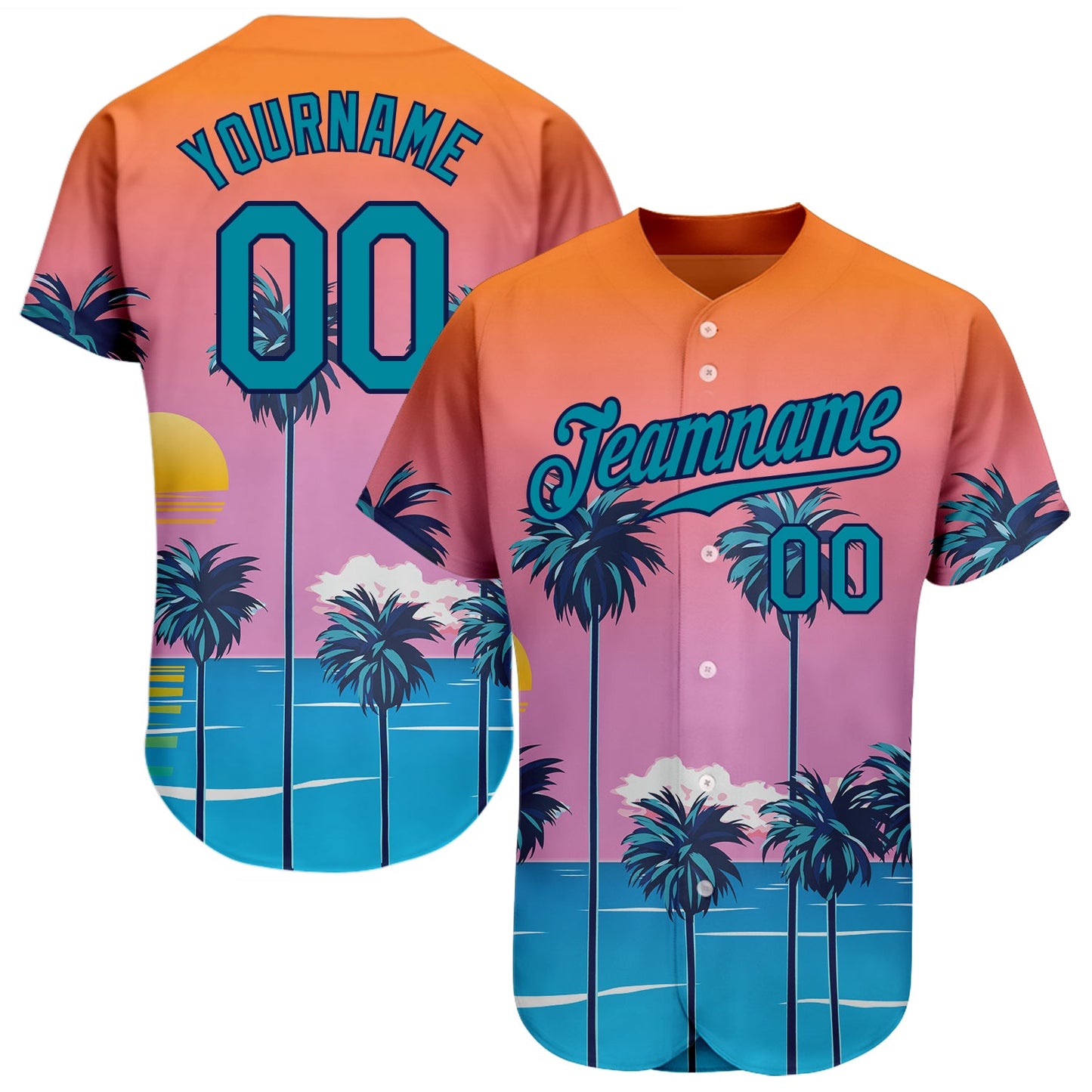 Custom Orange Teal-Navy 3D Pattern Design Sun Beach Hawaii Palm Trees Authentic Baseball Jersey - Main View