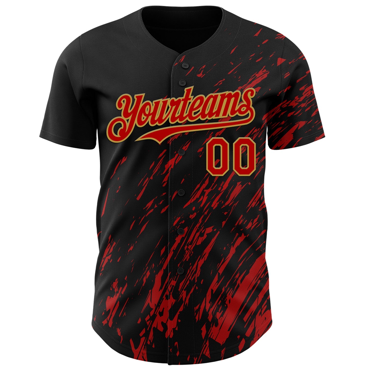 Custom Black Red-Old Gold Paint Stroke Grunge Streak Authentic Baseball Jersey view 2