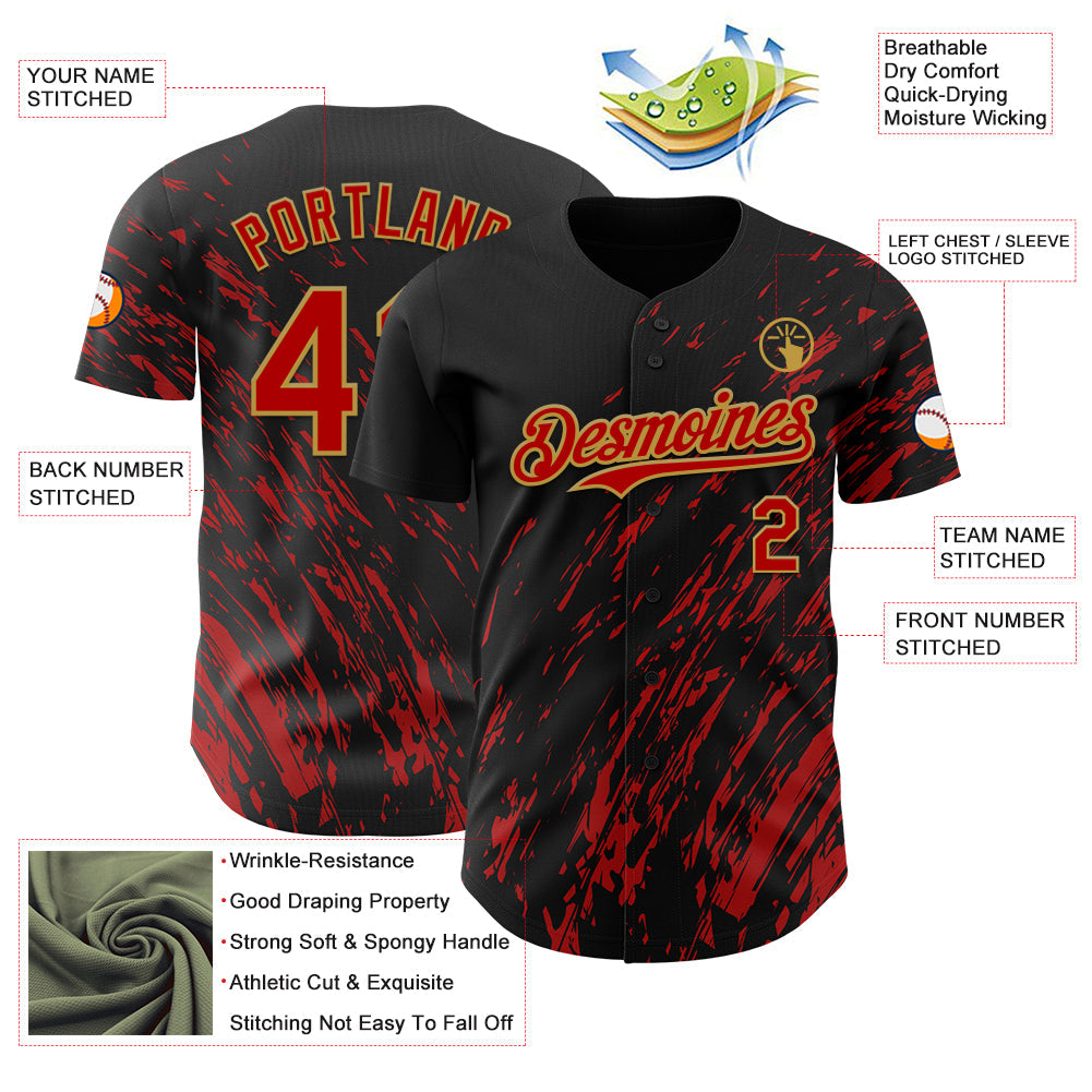 Custom Black Red-Old Gold Paint Stroke Grunge Streak Authentic Baseball Jersey view 3