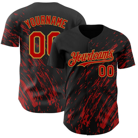 Custom Black Red-Old Gold Paint Stroke Grunge Streak Authentic Baseball Jersey - Main View