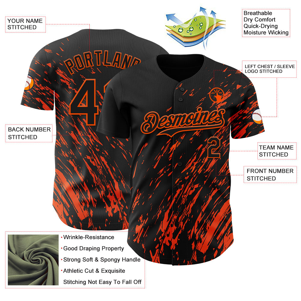 Custom Black Orange Paint Stroke Grunge Streak Authentic Baseball Jersey view 3