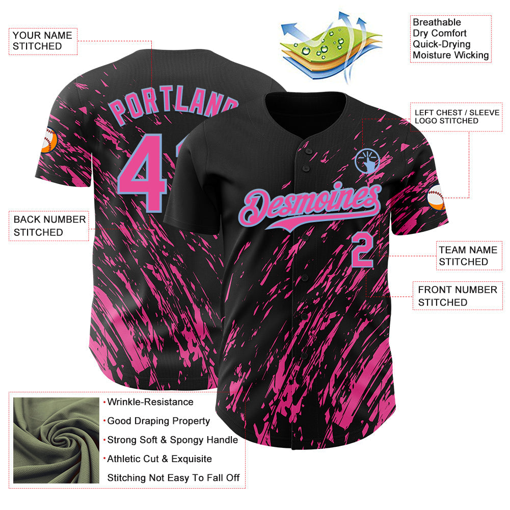 Custom Black Pink-Light Blue Paint Stroke Grunge Streak Authentic Baseball Jersey view 3