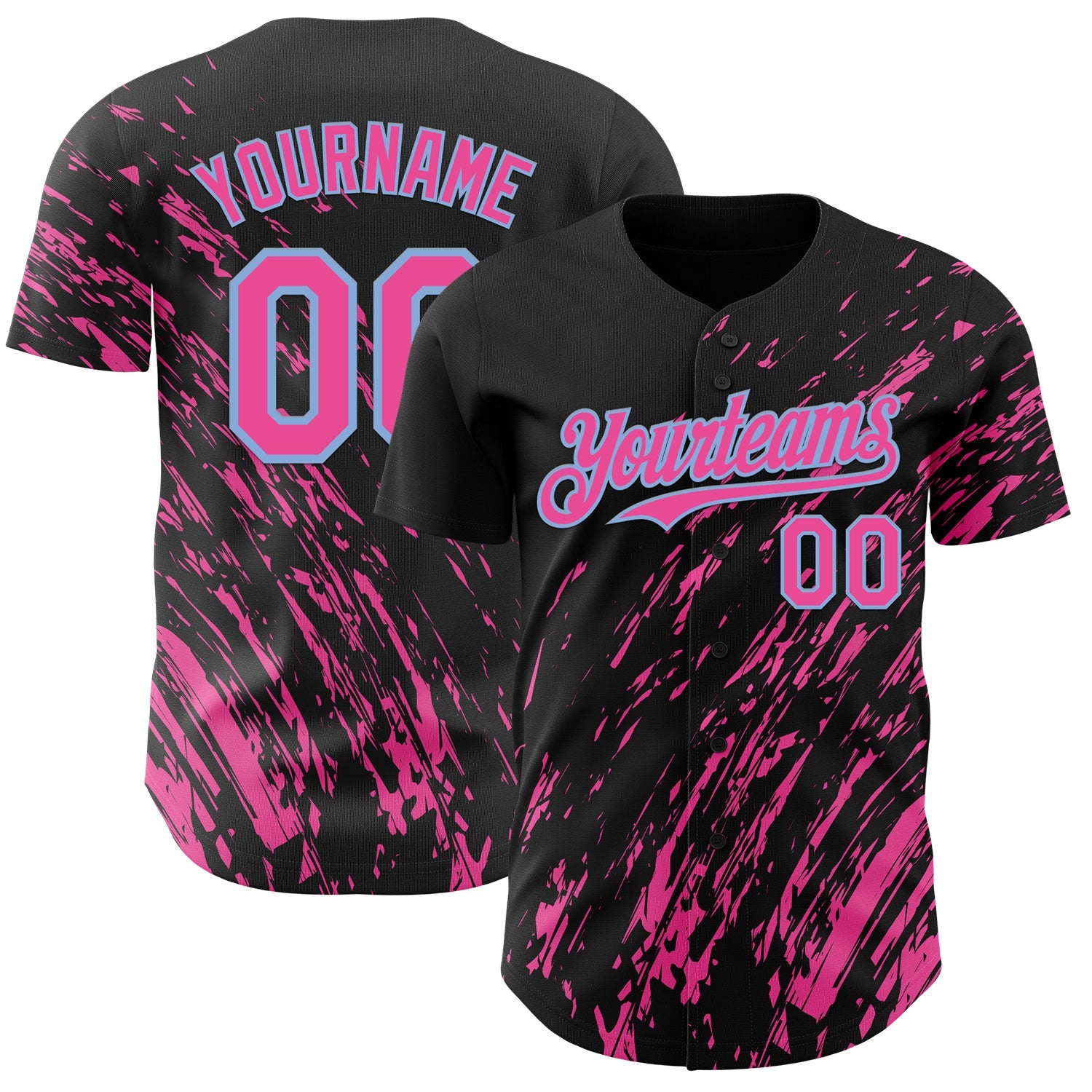 Custom Black Pink-Light Blue Paint Stroke Grunge Streak Authentic Baseball Jersey - Main View