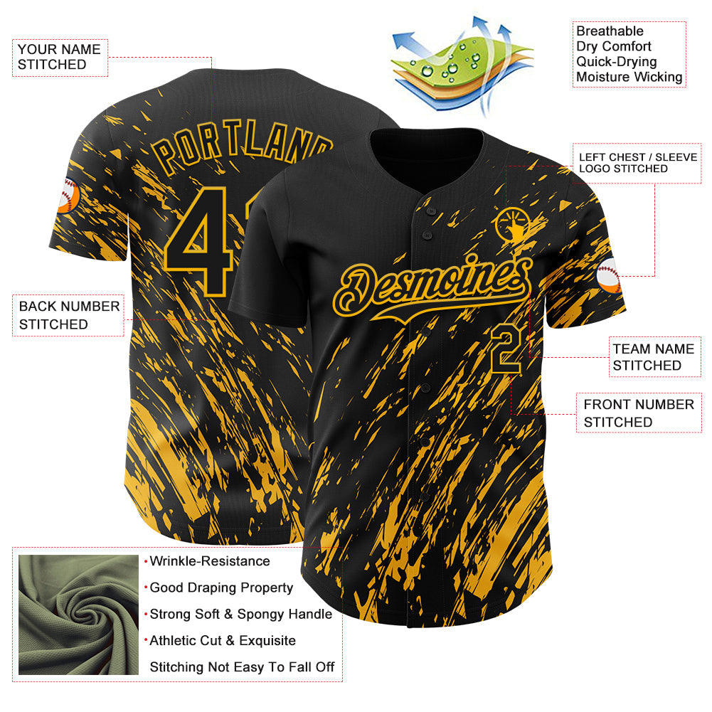 Custom Black Gold Paint Stroke Grunge Streak Authentic Baseball Jersey view 3