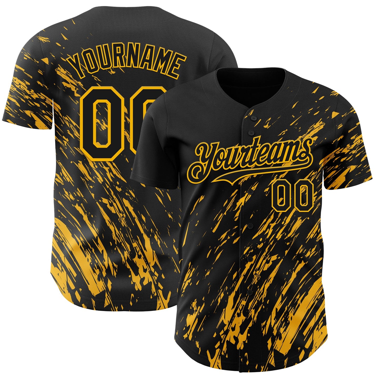 Custom Black Gold Paint Stroke Grunge Streak Authentic Baseball Jersey - Main View