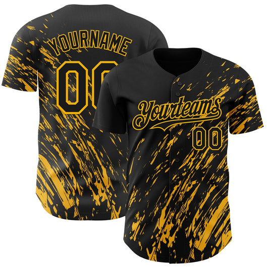 Custom Black Gold Paint Stroke Grunge Streak Authentic Baseball Jersey - Main View